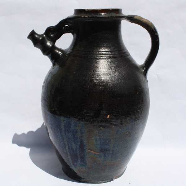 Antique Black Wine Pitcher with side Spout from early 20th century Antique Water Jug