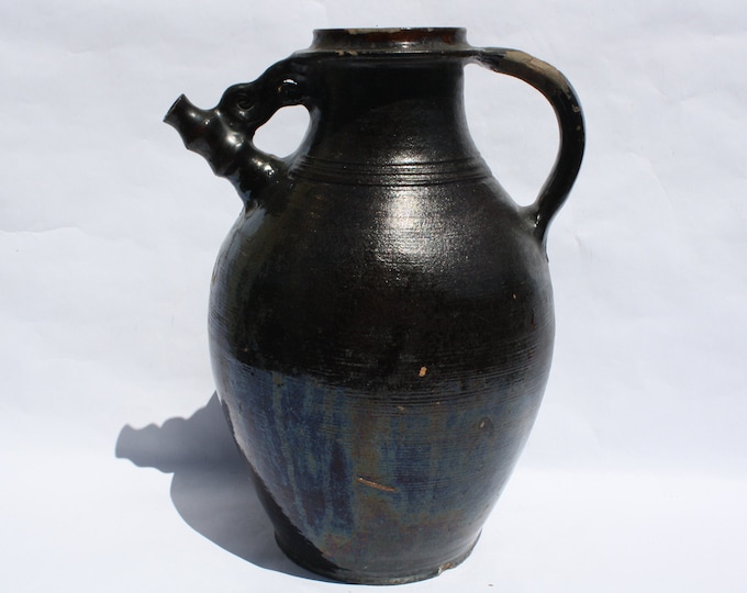 Antique Black Wine Pitcher with side Spout from early 20th century Antique Water Jug, French Style Faience Jug