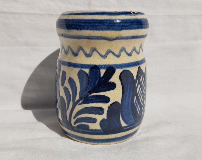 Traditional White Blue Ceramic Transylvania Vase, Antique Handpainted Blue Pottery