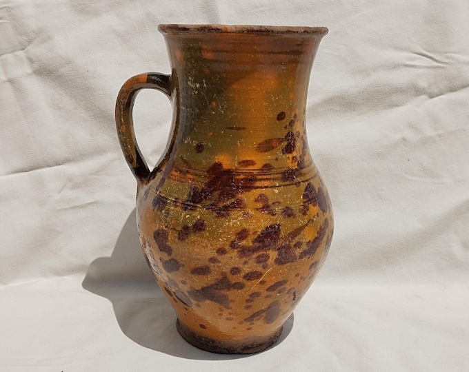 Antique Hungarian Stoneware Folk Jug, Rare Hungary Splashed Glazed Pitcher