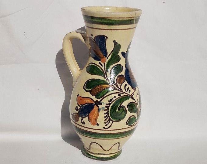 Hungary Folk Handpainted Water Jug, Flower and Bird Designed Pitcher