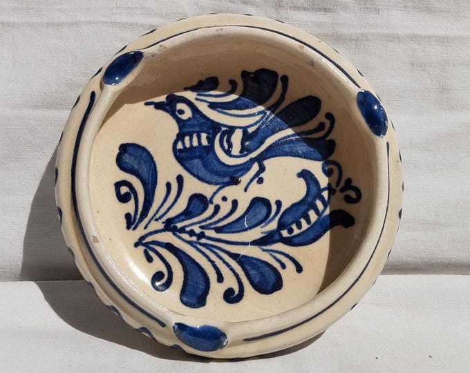 Traditional Folk Ceramic Blue Ashtray, Transylvania Bird Scene Pottery