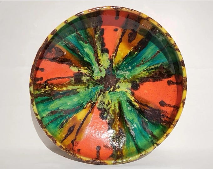Vintage Retro Style Flown Glazed Art Ceramic Cubic Pottery Art Deco Plate