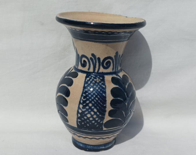Traditional White Blue Ceramic Transylvania Vase, Antique Handpainted Blue Pottery