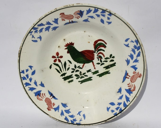 Hollohaza Rooster Plate, Hungarian Pottery, Folk, Antique Peasant Plate, Cockerel Plate