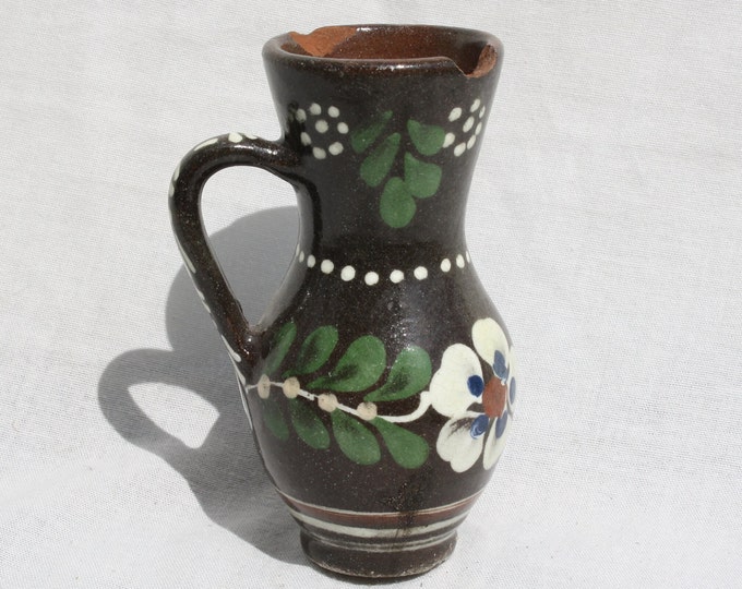 Traditional Little Black Transylvania Folk Water Pitcher, Stoneware Glazed Jug