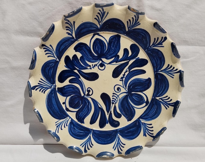 Traditional Blue Painted Clay Plate, Transylvania Pottery, Folk Plate, Antique Peasant Plate