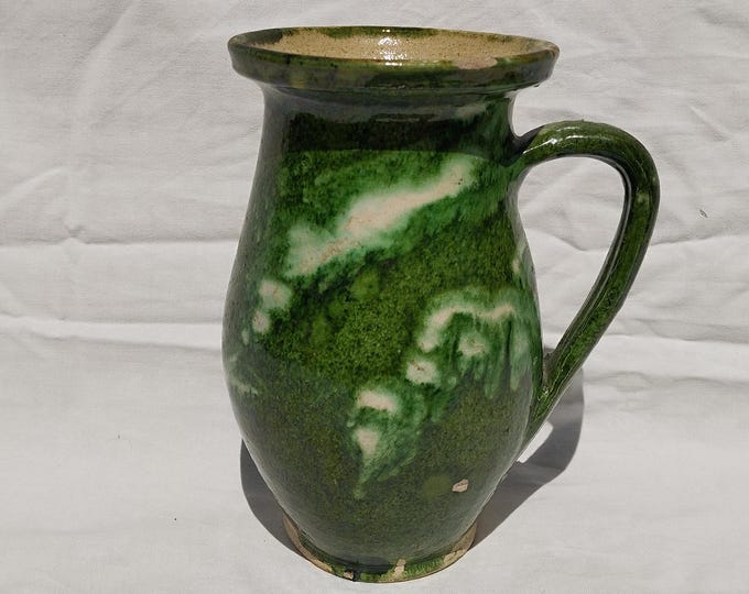 Green Glazed Stoneware Folk Pitcher, Antique Hungarian Traditional Water Jug