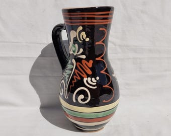 Black Glazed Stoneware Pitcher: Hungarian Folk Pottery, Floral Design