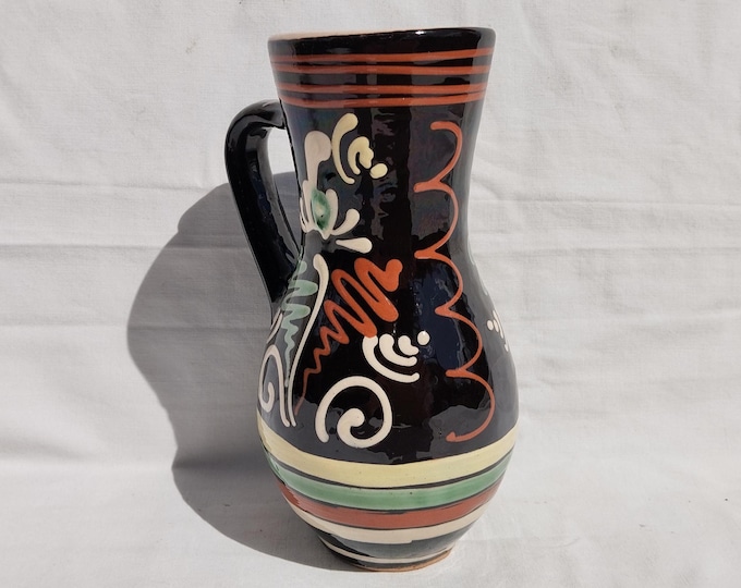 Black Glazed Stoneware Water Jug, Traditional Folk Stoneware Pottery, Rare Folk Wine Pitcher, Ceramic Pitcher