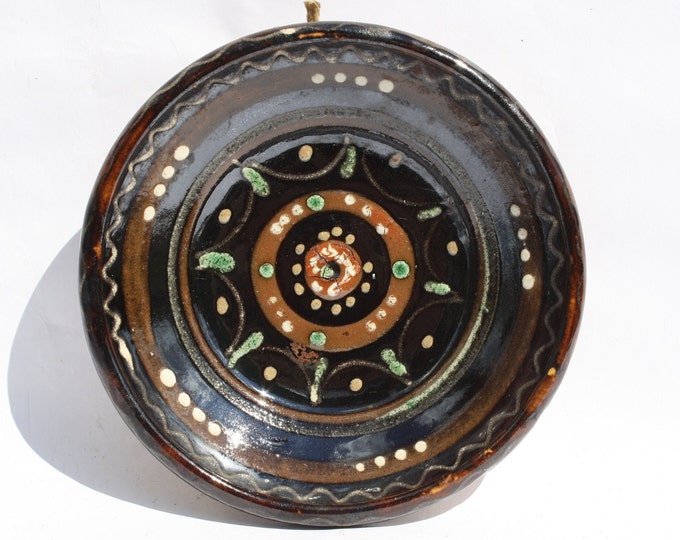 Traditional Folk Hungary Black Ceramic Plate, Hungarian Pottery Peasant Plate