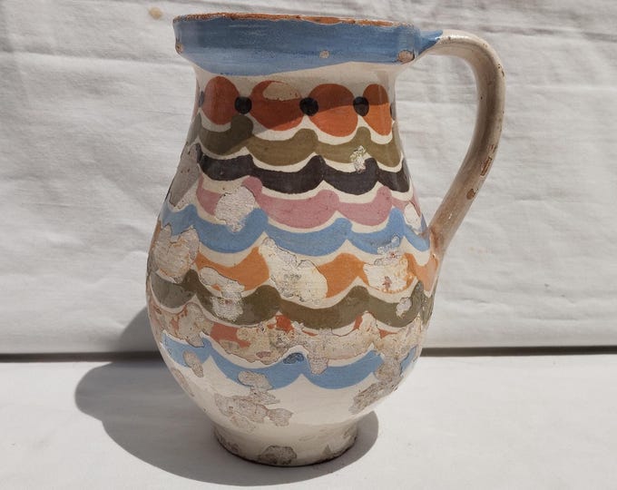 Traditional Antique Hungarian Folk Vintage Colored Line Decorated  Pitcher