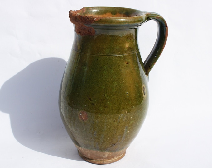 Green Glazed Pot, Traditional Folk Stoneware Pottery, Rare Folk Pitcher, Ceramic Pitcher