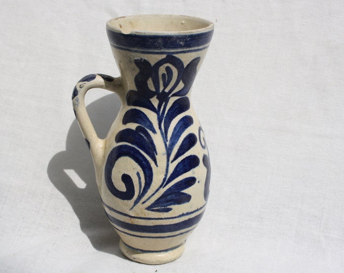 Traditional Blue Transylvania Folk Water Pitcher, Stoneware Glazed Jug