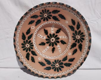 Huge Brown Colored Ceramic Carved Design Reticulated Earthenware Plate, Hungarian Traditional Pottery Clay Plate