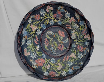 Hungarian Folk Art Wall Plate: Large Black Ceramic Floral Decoration