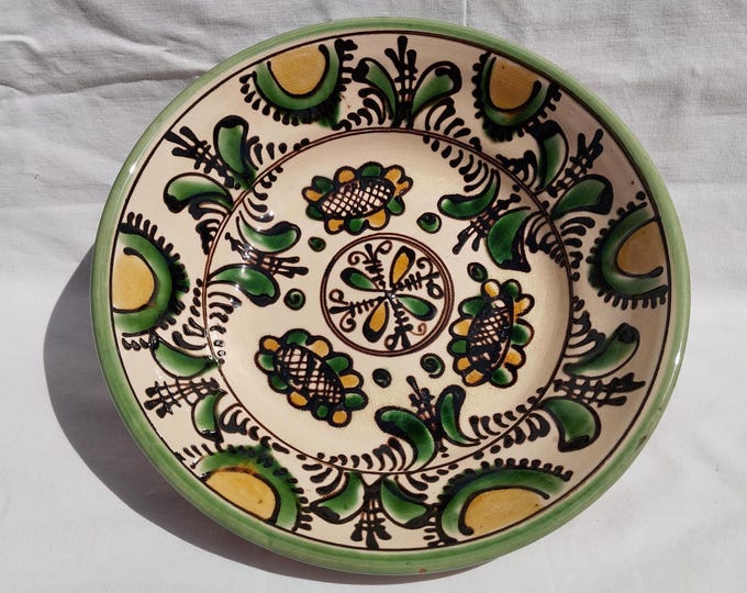 Vintage Yellow Green Traditional Transylvania Korond Plate, Folk Designed Korond Plate