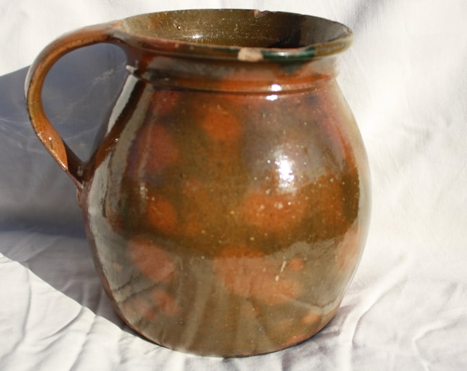 Huge Antique Folk Ceramic Pitcher, Traditional Green Glazed Stoneware Water Jug