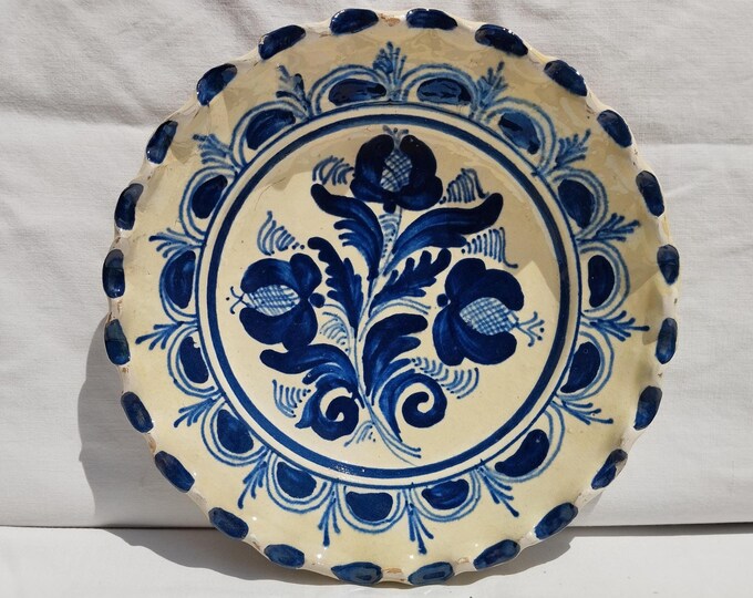 Traditional Blue Painted Clay Plate, Transylvania Pottery, Folk Plate, Antique Peasant Plate