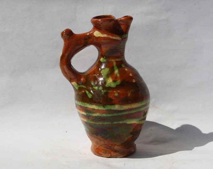 Antique Folk Traditional Splashed Glazed Rattle Pitcher Jug