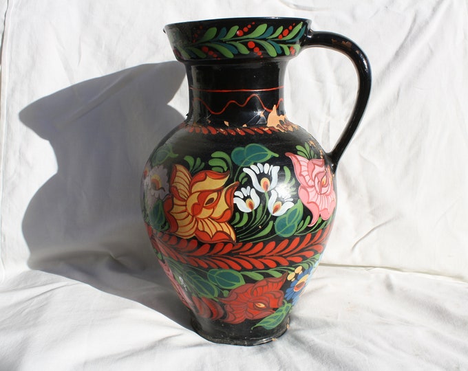 Huge Black Hungarian Folk Pitcher, Rare Flower Designed Vintage Ewer, Ceramic Pitcher, Ceramic Pottery