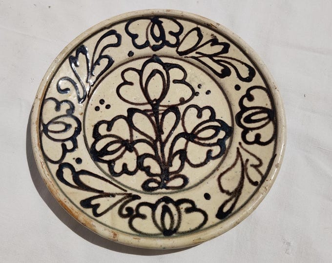 Traditional Black Painted Clay Plate, Transylvania Pottery, Folk Plate, Antique Peasant Korond Plate