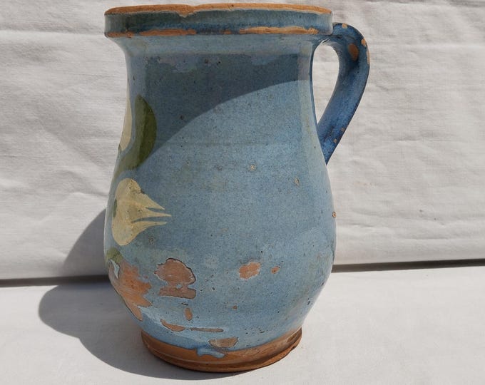 Antique Stoneware Folk Jar, Folk Blue Bottle, Handpainted Jug, Faience Jug, Folk Ewer, Blue Jug