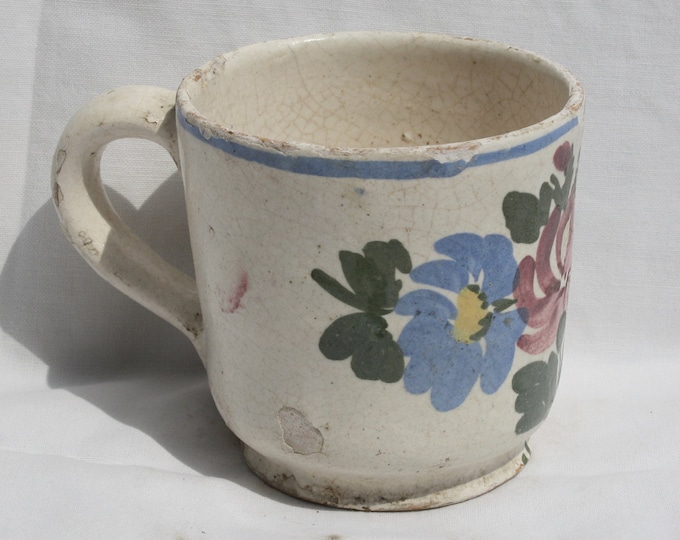 Antique Folk White Little Milk Mug, Stoneware Flower Decorated Hungarian Pitcher