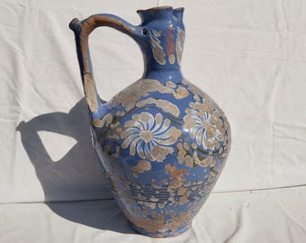 Antique Huge Blue Handpainted Stoneware Folk Jug: Blue Floral Faience, 1920s