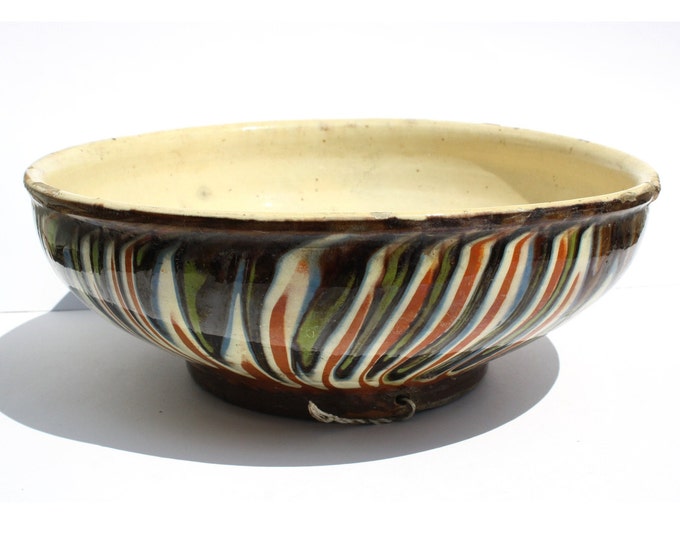 Antique Folk Traditional Flown Glazed Bowl Plate, Traditional Stoneware Plate