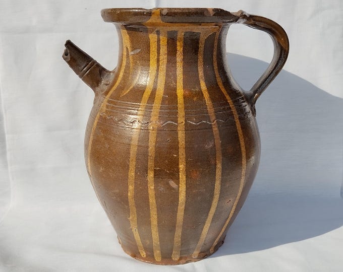 Huge Antique Rare Traditional Folk Line Decorated Side Spouted Pitcher, Antique Brown Ewer, Ceramic Pitcher, Ceramic Pottery