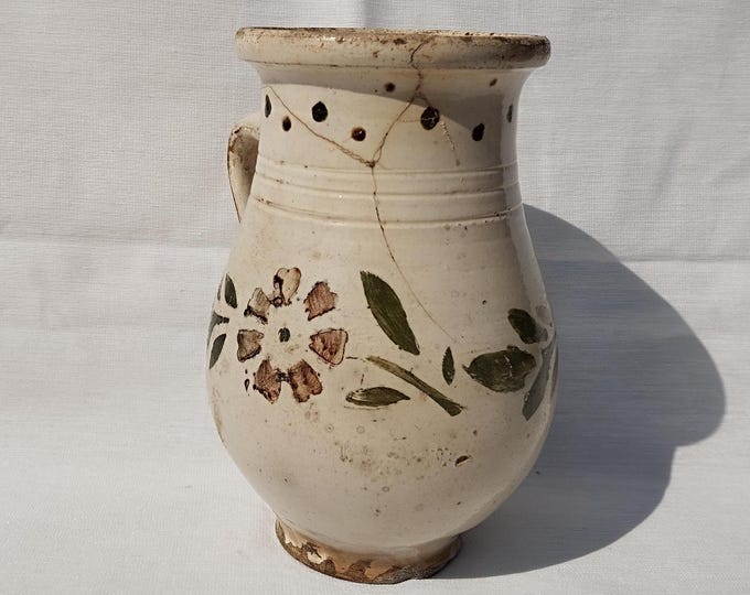 Antique Folk Traditional White Glazed Pitcher, White Stoneware Jug with Flower