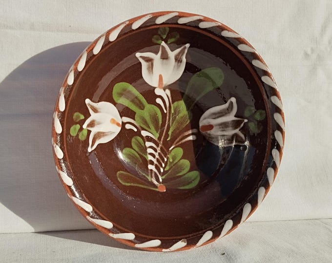 Traditional Hungarian Folk Pottery Little Dark Brown Plate, Vintage Peasant Flower Little Plate