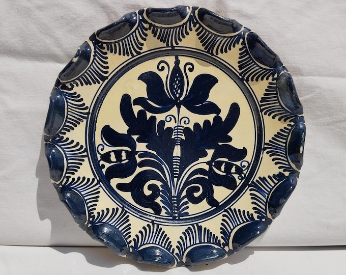 Traditional Blue Painted Clay Plate, Transylvania Pottery, Folk Plate, Antique Peasant Plate