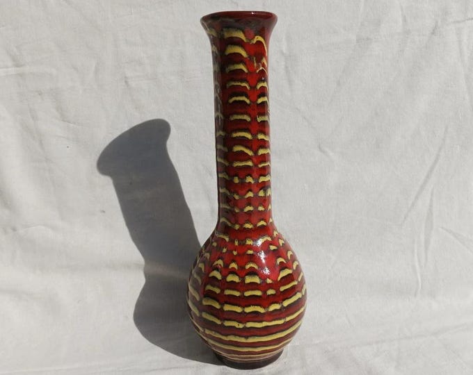 Vintage Midcentury Vase, Retro Flown Decorated Line Vase, Red Yellow Pottery Vase, Retro Vase