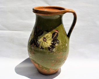 Antique Folk Stoneware Pitcher, Flower Decorated Orange Water Jug