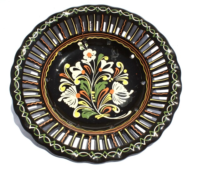 Reticulated Black Flower Design Plate, Handpainted wall plate, Black Wall Hanging, Kitchen Decoration, Rare Wall Hanging Plate