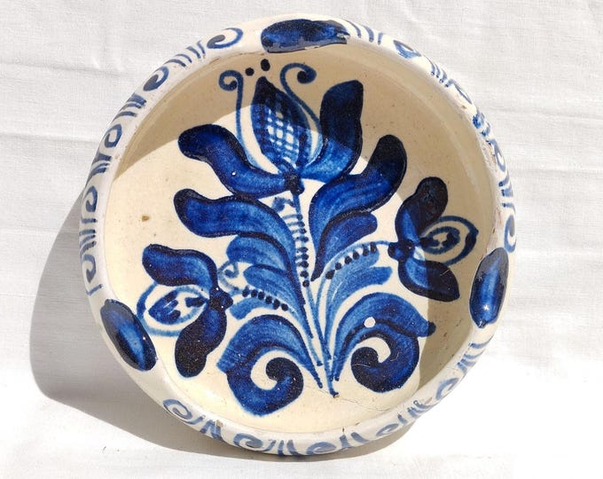 Traditional Folk Ceramic Blue Ashtray, Transylvania Flower Scene Pottery