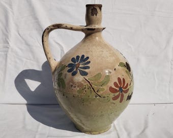 Antique Folk White Green Milk Jug, Stoneware Flower Decorated Hungarian Pitcher