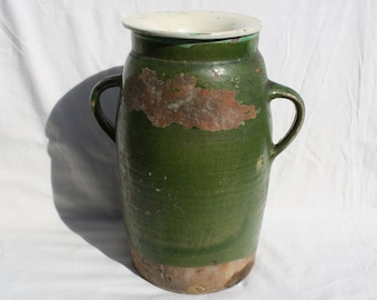Huge Antique Green Glazed Stoneware Folk Pitcher Butter Churn, Antique Hungarian Traditional Jug