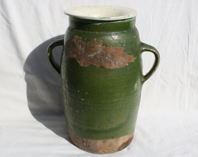Huge Antique Green Glazed Stoneware Folk Pitcher Butter Churn, Antique Hungarian Traditional Jug
