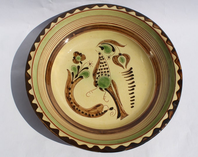 Traditional Hungarian Stoneware Flower Designed Plate, Huge Folk Plate