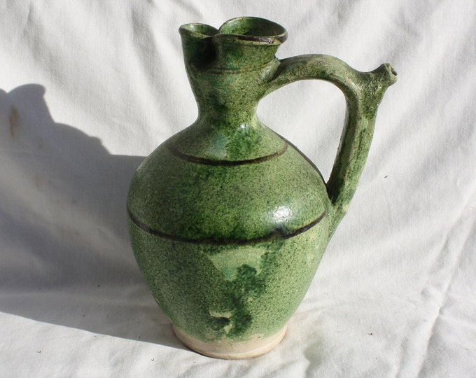 Traditional Hungarian Folk Green Glazed Ceramic Pitcher, Traditional Stoneware Water Rattle Jug