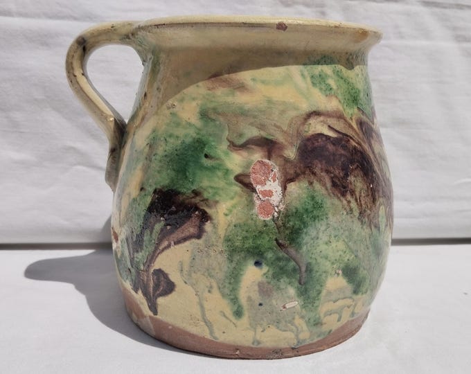 Antique Marble Glazed Folk Pitcher, Folk Bottle, Handpainted Jug, Faience Jug, Folk Ewer