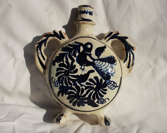 Traditional Round Pottery Ceramic Transylvania Flask, Antique Handpainted Blue Pottery