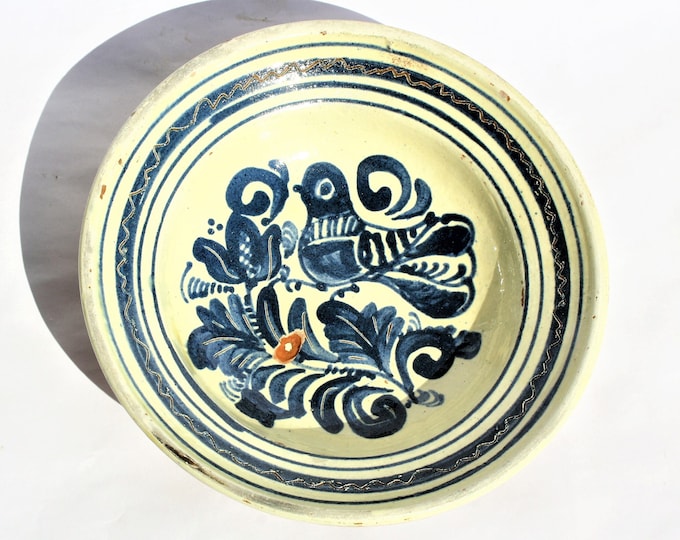 Clay Plate, Transylvania Pottery, Folk, Antique Peasant Plate, Bird Plate