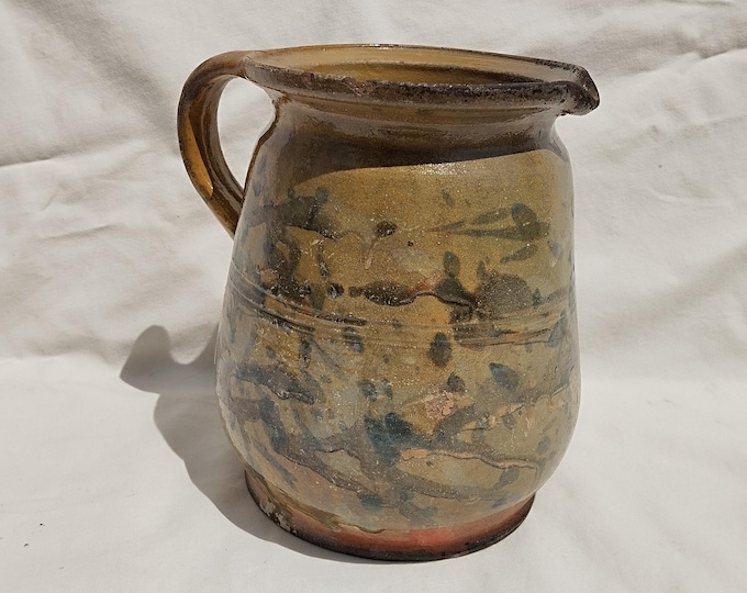 Folk Antique Green Glazed Pitcher, Folk Bottle, Handpainted Jug, Faience Jug, Folk Ewer, Splashed Glazed