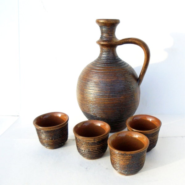 Clay Brandy Set, Clay Ceramic Brandy Set, Stone Jar With Cups, Stoneware Water Jug, Vintage Set, Pottery Bottle, Brown Vessel, Retro Design