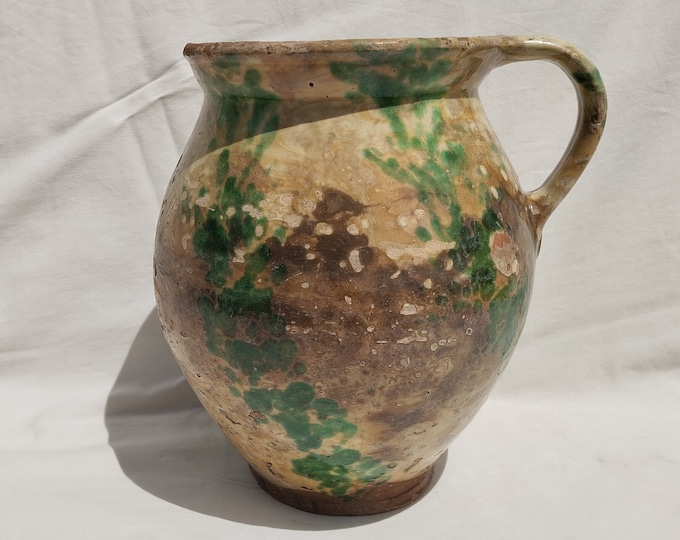 Huge Antique Marble Glazed Folk Pitcher, Folk Bottle, Handpainted Jug, Faience Jug, Folk Ewer