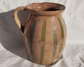 Antique Folk Art Ceramic Pitcher, Hungarian Pottery, Brown Ewer